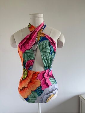 Mara Hoffman Flora Blue Floral One Piece Halter Swimsuit Resort